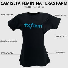 Camiseta Feminina Texas Farm Preta Com Logo Azul Ref: CF129
