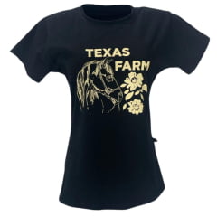 Camiseta Feminina Texas Farm Preta Estampa Cavalo Ref:CF237