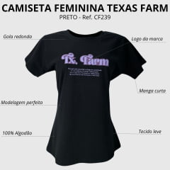 Camiseta Feminina Texas Farm Preta Logo Lilás Ref: CF239