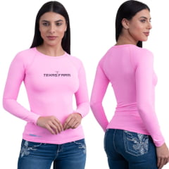 Camiseta Feminina Texas Farm Rosa Chiclete Manga Longa UV50+ Com Logo Preto Ref:UVF0006