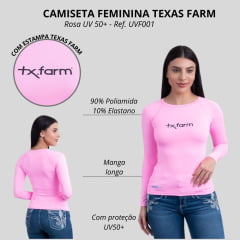 Camiseta Feminina Texas Farm Rosa Chicletes Manga Longa UV50+ Com Logo Preto Ref:UVF0001