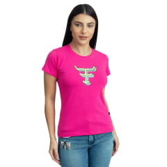 Camiseta Feminina Texas Farm Rosa Pink Babylook Manga Curta Com Logo Verde/Azul REF: CF296