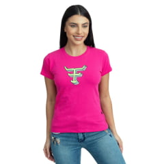 Camiseta Feminina Texas Farm Rosa Pink Babylook Manga Curta Com Logo Verde/Azul REF: CF296