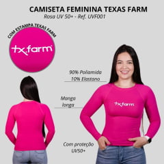 Camiseta Feminina Texas Farm Rosa Pink Manga Longa UV50+ Com Logo Em Branco Ref:UV001