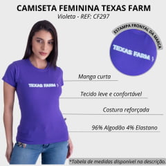 Camiseta Feminina Texas Farm Roxo Mirtilo Babylook Manga Curta Com Logo Em Azul REF: CF297