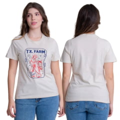 Camiseta Feminina Texas Farm Soft Friends Hip Manga Curta Bege Com Logo Estampado Azul Marinho/Vermelho Ref:CFS003