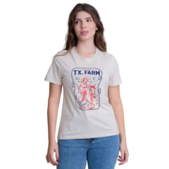 Camiseta Feminina Texas Farm Soft Friends Hip Manga Curta Bege Com Logo Estampado Azul Marinho/Vermelho Ref:CFS003