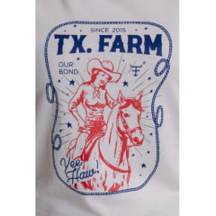 Camiseta Feminina Texas Farm Soft Friends Hip Manga Curta Bege Com Logo Estampado Azul Marinho/Vermelho Ref:CFS003