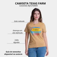 Camiseta Feminina Texas Farm Soft Friends Hip Manga Curta Caramelo Logo Estampado Preto/Amarelo E Azul  Ref:CFS0001