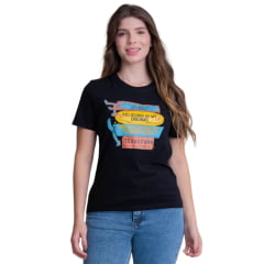 Camiseta Feminina Texas Farm Soft Friends Hip Manga Curta Preto Logo Estampado Preto/Azul E Amarelo  Ref:CFS0001