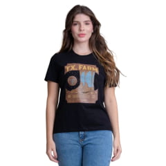 Camiseta Feminina Texas Farm Soft Friends Hip Manga Curta Preto Estampado Logo E Botas Ref:CFS0008