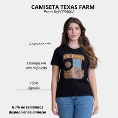 Camiseta Feminina Texas Farm Soft Friends Hip Manga Curta Preto Estampado Logo E Botas Ref:CFS0008