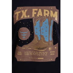 Camiseta Feminina Texas Farm Soft Friends Hip Manga Curta Preto Estampado Logo E Botas Ref:CFS0008