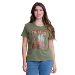 Camiseta Feminina Texas Farm Soft Friends Hip Manga Curta Verde Herbal Logo E Botas Ref:CFS0008