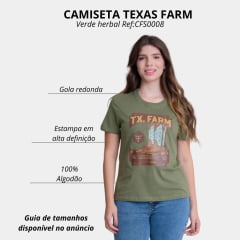 Camiseta Feminina Texas Farm Soft Friends Hip Manga Curta Verde Herbal Logo E Botas Ref:CFS0008