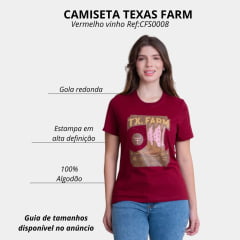 Camiseta Feminina Texas Farm Soft Friends Hip Manga Curta Vermelho Vinho Estampado Logo E Botas Ref:CFS0008