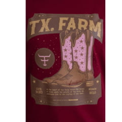 Camiseta Feminina Texas Farm Soft Friends Hip Manga Curta Vermelho Vinho Estampado Logo E Botas Ref:CFS0008