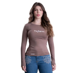 Camiseta Feminina Texas Farm Térmica Uv50+ Marrom Caqui Branco Manga Longa Ref:UVF001