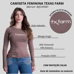 Camiseta Feminina Texas Farm Térmica Uv50+ Marrom Caqui Branco Manga Longa Ref:UVF001