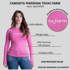 Camiseta Feminina Texas Farm Térmica Uv50+ Rosa Algodão Doce/Branco Manga Longa Ref:UVF001