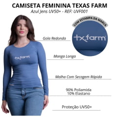 Camiseta Feminina Texas Farm Uv50+ Manga Longa Azul Jeans Logo Branco Ref:UVF001