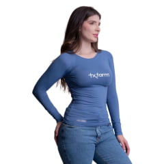Camiseta Feminina Texas Farm Uv50+ Manga Longa Azul Jeans Logo Branco Ref:UVF001