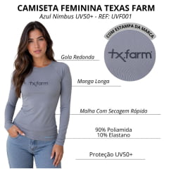 Camiseta Feminina Texas Farm UV50+ Manga Longa Azul Nimbus Logo Preto Ref:Uv001