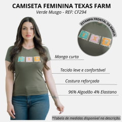 Camiseta Feminina Texas Farm Verde Floresta Babylook Manga Curta Com Logo Em Quadrados REF: CF294