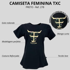 Camiseta Feminina Texas Farm Baby Look Preta Manga Curta Com Logo Com Flores Ref: CF278