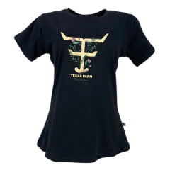 Camiseta Feminina Texas Farm Baby Look Preta Manga Curta Com Logo Com Flores Ref: CF278