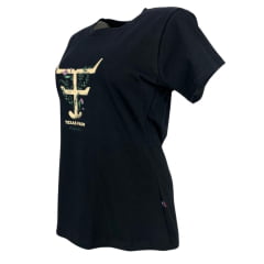 Camiseta Feminina Texas Farm Baby Look Preta Manga Curta Com Logo Com Flores Ref: CF278