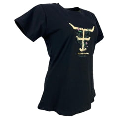 Camiseta Feminina Texas Farm Baby Look Preta Manga Curta Com Logo Com Flores Ref: CF278