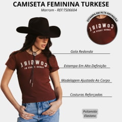 Camiseta Feminina Turkese Baby Tee Cowgirl Marrom Estampa Off White REF:TS06604