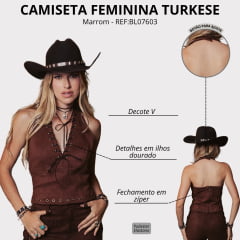 Blusinha Feminina Turkese Hot Country Brown Tecido Aveludado Ilhós Dourado Amarração REF:BL07603