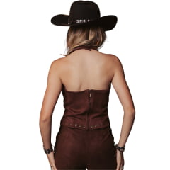 Blusinha Feminina Turkese Hot Country Brown Tecido Aveludado Ilhós Dourado Amarração REF:BL07603