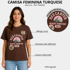 Camiseta Feminina Turkese T-Shirt Manga Curta Marrom Estampada Canyon Patches Em Rosa - Ref:TS04602