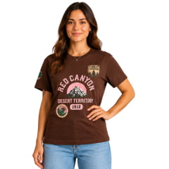 Camiseta Feminina Turkese T-Shirt Manga Curta Marrom Estampada Canyon Patches Em Rosa - Ref:TS04602