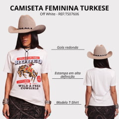 Camiseta Feminina Turkese T-Shirt Over Lets Ride Off White Estampa Rodeo REF:TS07606