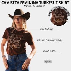 Camiseta Feminina Turkese T-Shirt Stay Western Manga Curta Marrom Bordado Dourado Claro REF:TS06602