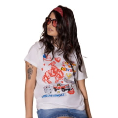 Camiseta Feminina Turkese T-Over Miss América 2.0 Manga Curta Off White Estampada Ref:TS11506