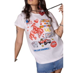 Camiseta Feminina Turkese T-Over Miss América 2.0 Manga Curta Off White Estampada Ref:TS11506