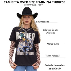 Camiseta Feminina Turkese T-Over Ridin Preta Estampada Rodeo Ref:TS11504