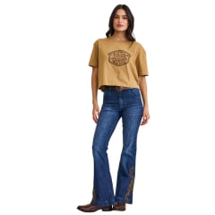 Camiseta Feminina TXC Cropped Oversize Fio 30 Manga Curta Marrom Claro Estampada Textile Ref:51412