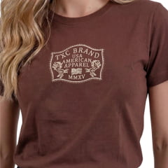 Camiseta Feminina TXC Fio 30 Manga Curta Marrom Bordado Creme Ref:51519