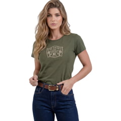 Camiseta Feminina TXC Fio 30 Manga Curta Verde Militar Bordado Creme Ref:51519