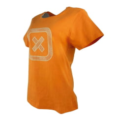 Camiseta Feminina TXC Manga Curta Slim Custom Laranja Estampada Logo Em Creme REF: 50967