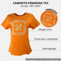 Camiseta Feminina TXC Manga Curta Slim Custom Laranja Estampada Logo Em Creme REF: 50967