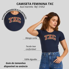 Camiseta Feminina TXC Manga Curta Slim Meia Malha Azul Marinho Com Logo Bordado Em Vinho/Amarelo Ref:51052