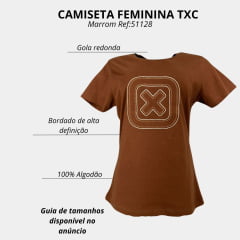 Camiseta Feminina TXC Manga Curta Slim Meia Malha Marrom Bordada Logo Creme E Dourado Ref:51128