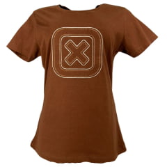 Camiseta Feminina TXC Manga Curta Slim Meia Malha Marrom Bordada Logo Creme E Dourado Ref:51128